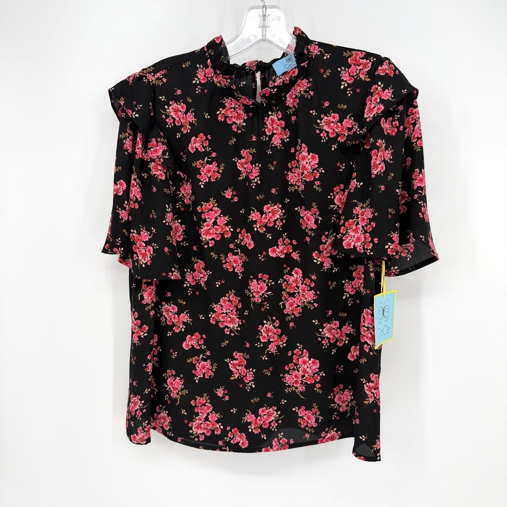 CeCe Blouse Women XS Black Floral Ruffle Flutter Sleeve Cottage Feminine Boho - Picture 2 of 10